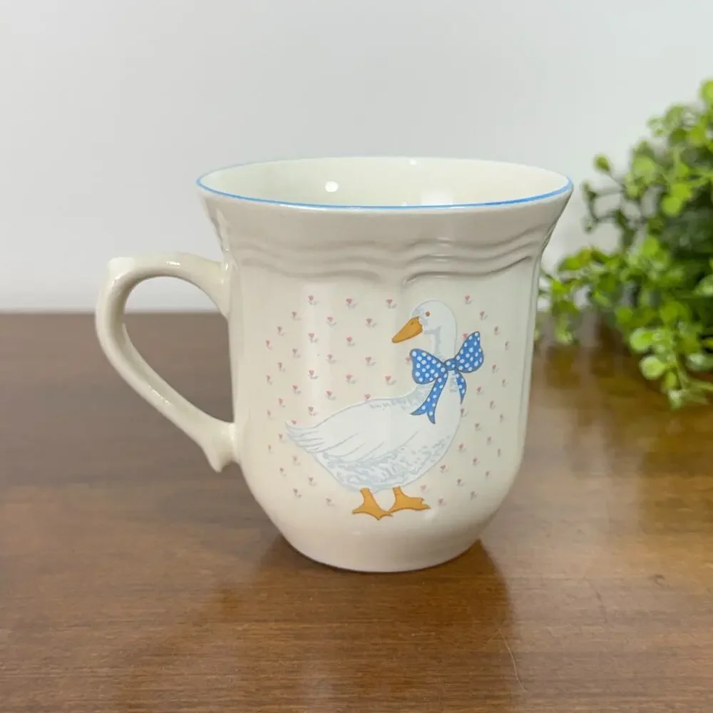 Vintage Aunt Rhody Goose Mugs Brick Oven Stoneware Blue Bow Cottage Core